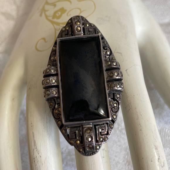 Huge Vintage Onyx and Marcasite Ring
